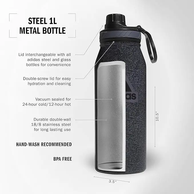 Adidas 1 Liter (32 oz) Metal Water Bottle, Hot/Cold Double-Walled Insulated 18/8 Stainless Steel, Twill Black/Black/Grey Five, 32 Ounces image 2