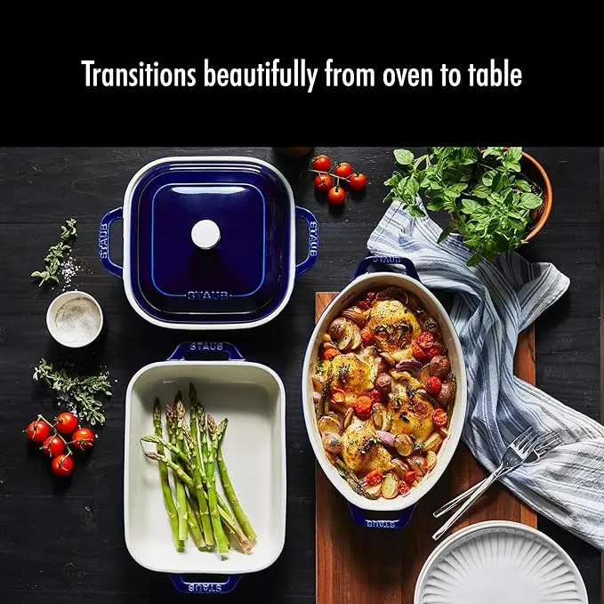 STAUB Ceramic 4-pc Baking Pans Set, Casserole Dish with Lid, Brownie Pan, Dark Blue image 5