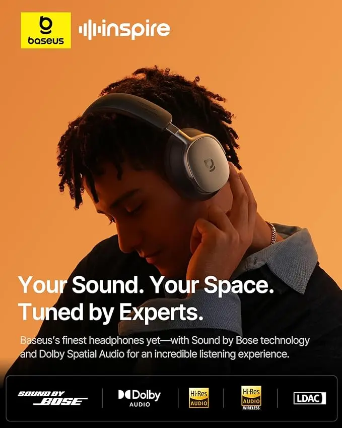 Baseus Inspire XH1 Adaptive Active Noise Cancelling Headphones, Sound by Bose, Dolby Audio, Premium Real-Time Adaptive ANC, Adaptive Tuning Rich Sound, Hi-Res Audio, 100H Playtime - Cosmic Black image 2