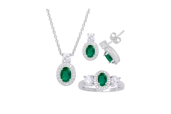 Simulated Emerald Oval Halo 3 Piece, Pendant, Earrings and Ring, Set in Silver Plate image