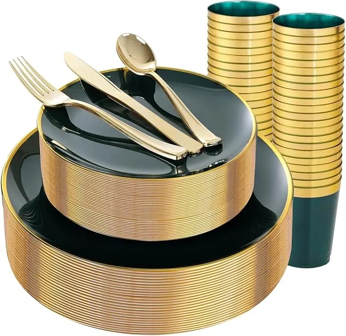 LIYH 180 Pcs Green and Gold Plastic Plates - Disposable Dinnerware Sets, Green Dinner Dessert Plates, Plastic Gold Silverware, Solo Cups for Graduation, Party, Wedding image 1