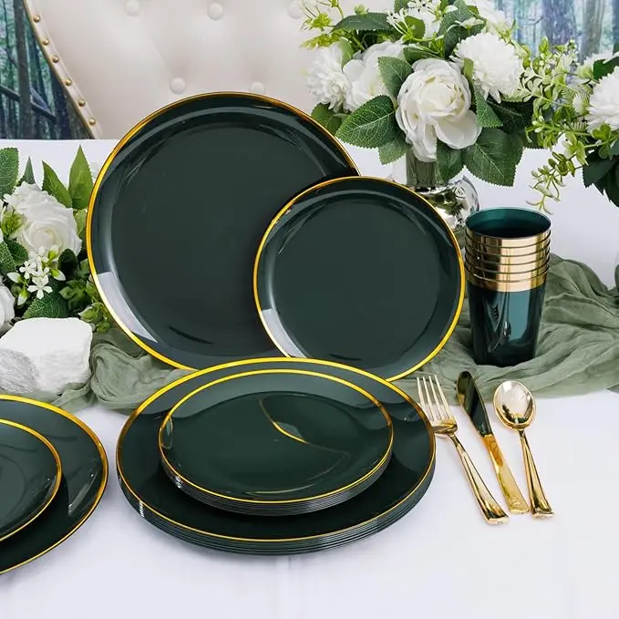 LIYH 180 Pcs Green and Gold Plastic Plates - Disposable Dinnerware Sets, Green Dinner Dessert Plates, Plastic Gold Silverware, Solo Cups for Graduation, Party, Wedding image 2