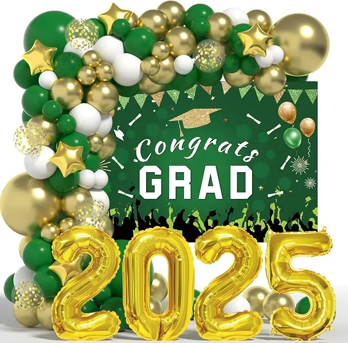 Graduation Decorations Class Of 2025: Green and Gold 2025 Graduation Decorations Balloon Arch Kit Congrats Grad Backdrop 136PCS Party Supplies for High School & College Celebrations image 1
