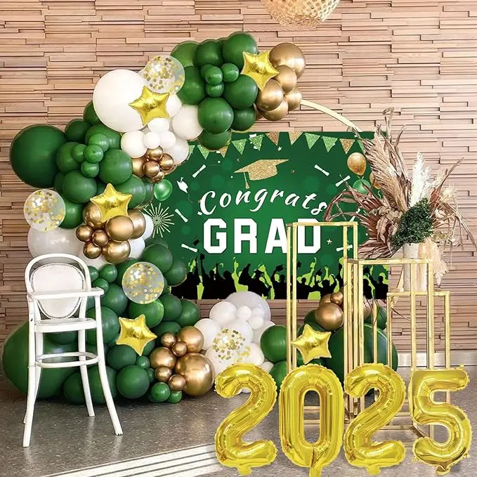 Graduation Decorations Class Of 2025: Green and Gold 2025 Graduation Decorations Balloon Arch Kit Congrats Grad Backdrop 136PCS Party Supplies for High School & College Celebrations image 2