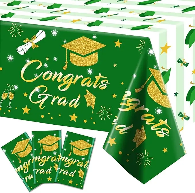 Graduation Tablecloth Party Decorations 2025, 3 Pack Green Large Size 54"x108" Congrats Grad Disposable Rectangle Table Covers Plastic Table Cloth for College High School Class of 2025 Party Supplies image