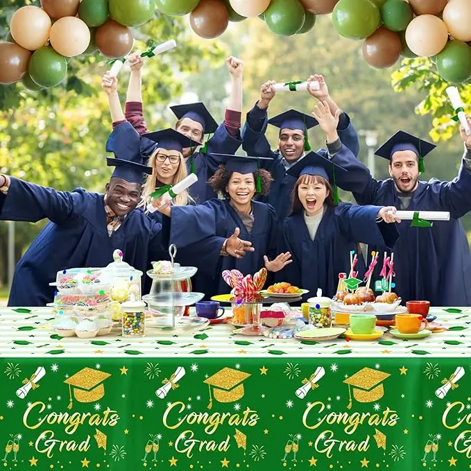 Graduation Tablecloth Party Decorations 2025, 3 Pack Green Large Size 54"x108" Congrats Grad Disposable Rectangle Table Covers Plastic Table Cloth for College High School Class of 2025 Party Supplies image 2