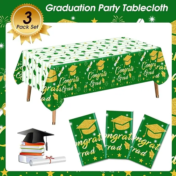 Graduation Tablecloth Party Decorations 2025, 3 Pack Green Large Size 54"x108" Congrats Grad Disposable Rectangle Table Covers Plastic Table Cloth for College High School Class of 2025 Party Supplies image 3