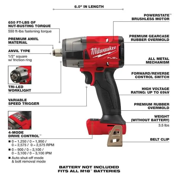 M18 FUEL Gen-2 18V Lithium-Ion Brushless Cordless Mid Torque 1/2 in. Impact Wrench with (2) 6.0Ah Batteries and Charger image 4
