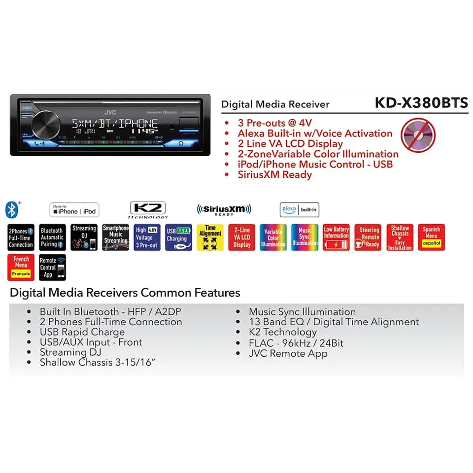 JVC KD-X380BTS Single DIN Bluetooth USB/AUX AM/FM Stereo Car Audio Receiver image 5