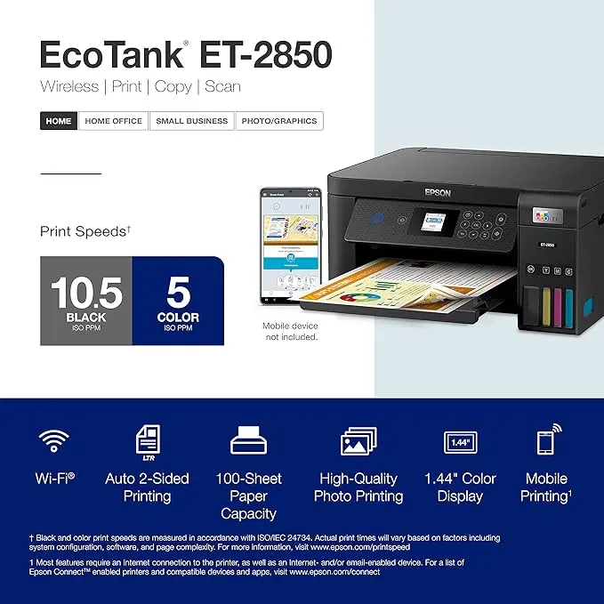 Epson EcoTank ET-2850 Wireless Color All-in-One Cartridge-Free Supertank Printer with Scan, Copy and Auto 2-Sided Printing - Black, Medium image 4