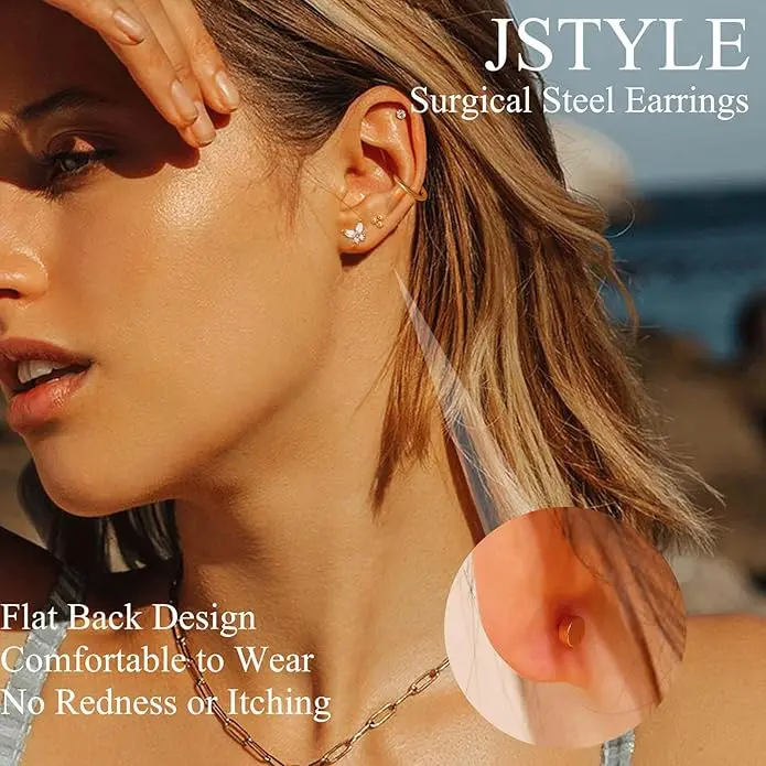 Jstyle Hypoallergenic Surgical Steel Earrings for Sensitive Ears 14K Gold Flat Back Earrings for Women Men Small Stainless Steel Earrings Flatback Stud Hoop Cartilage Earring Set for Multiple Piercing image 1