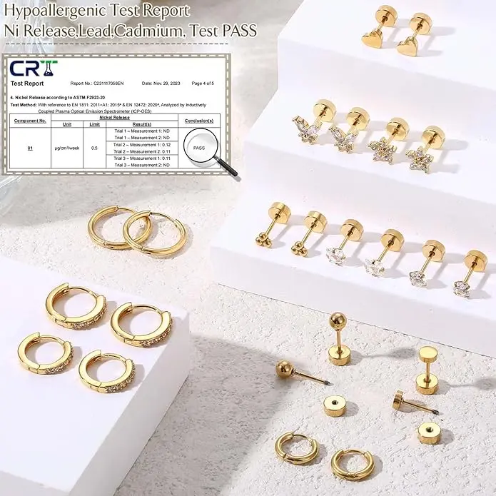 Jstyle Hypoallergenic Surgical Steel Earrings for Sensitive Ears 14K Gold Flat Back Earrings for Women Men Small Stainless Steel Earrings Flatback Stud Hoop Cartilage Earring Set for Multiple Piercing image 2