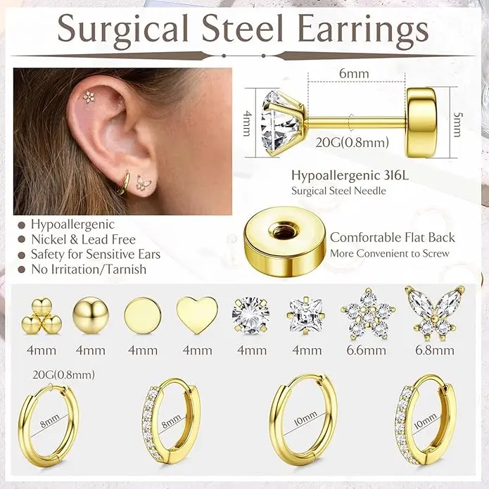 Jstyle Hypoallergenic Surgical Steel Earrings for Sensitive Ears 14K Gold Flat Back Earrings for Women Men Small Stainless Steel Earrings Flatback Stud Hoop Cartilage Earring Set for Multiple Piercing image 4