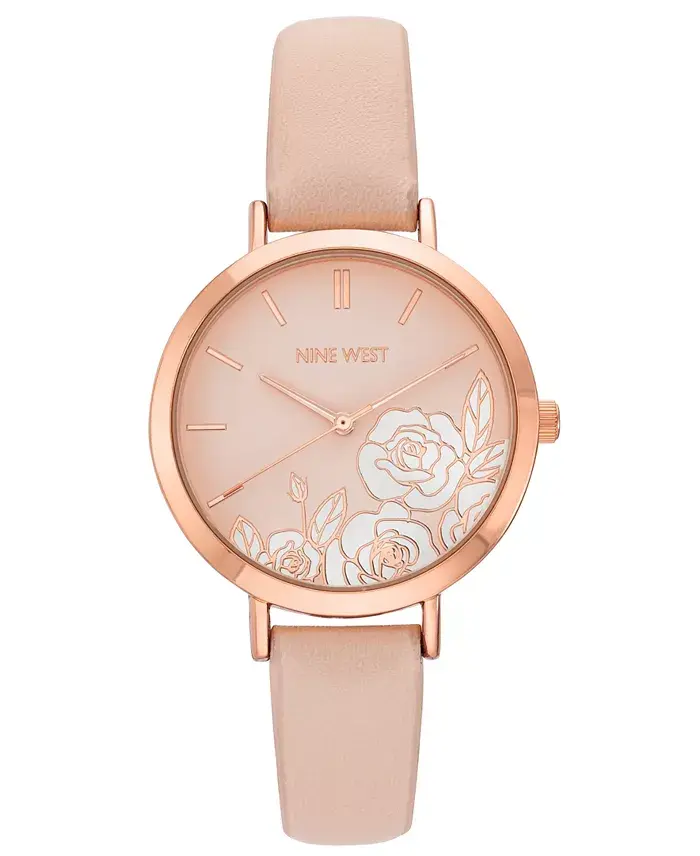 Women's Quartz Pink Faux Leather Band and Floral Pattern Watch, 36.5mm image 1