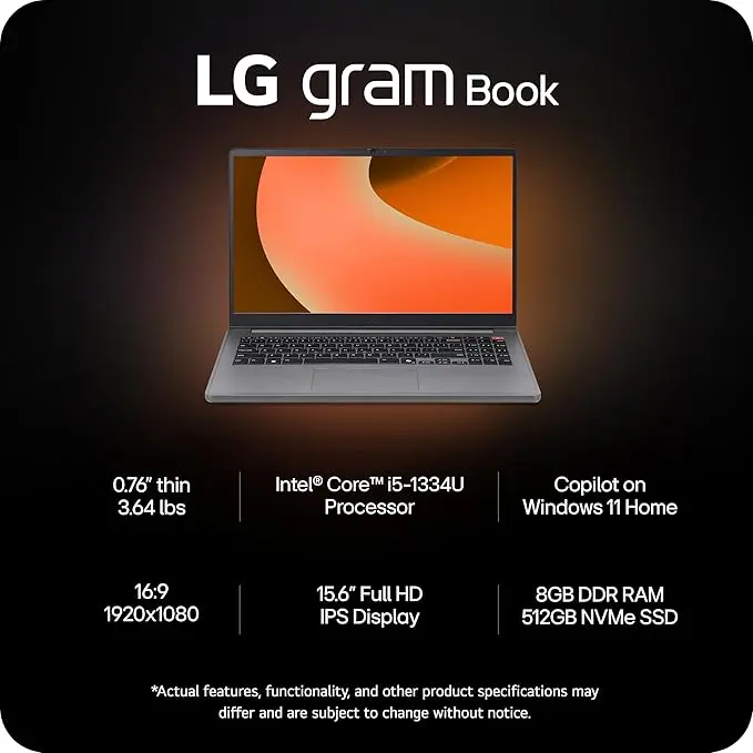 LG gram Book 15-inch Lightweight Laptop Computer, Intel Core i5-1334U Processor, Windows 11 Home, 8GB, RAM, 512GB SSD - Titan Silver image 2