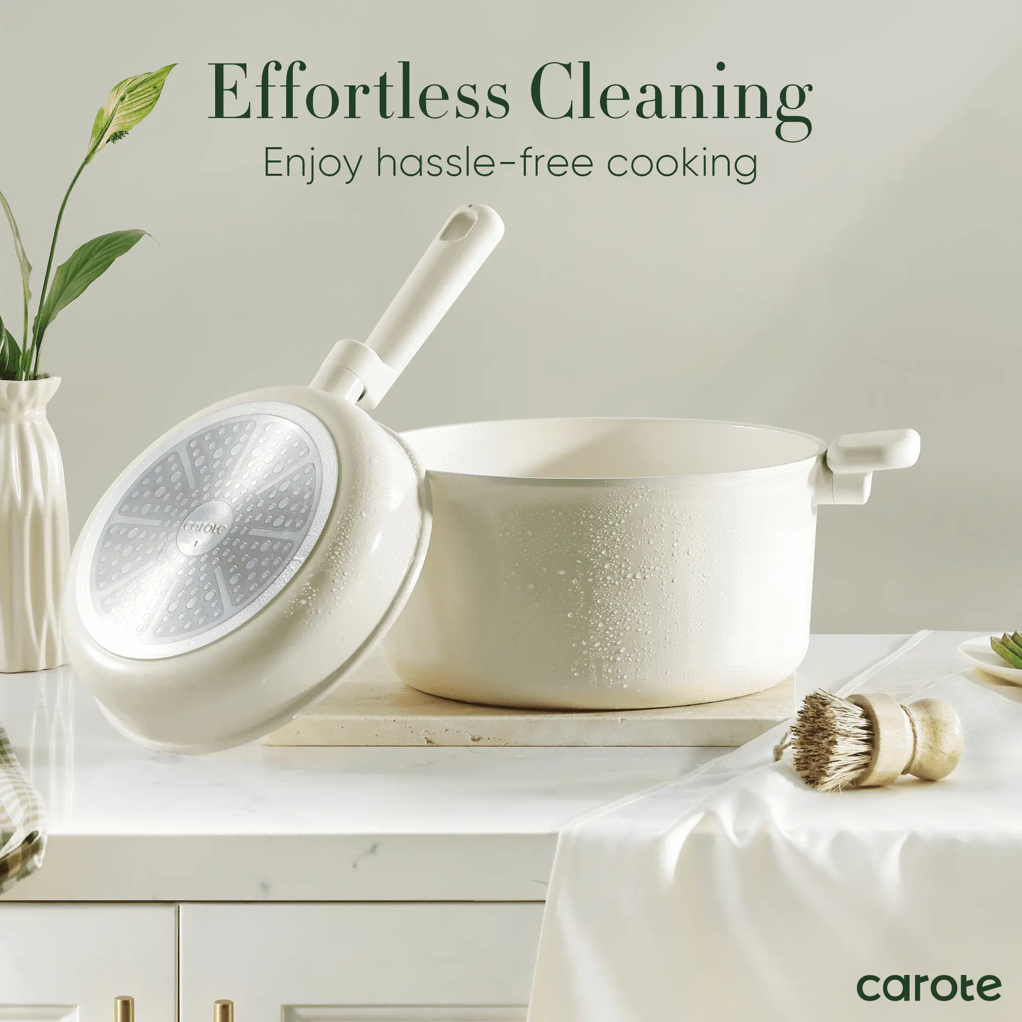 Carote Ceramic Cookware Sets, 12 Pcs Pots and Pans Set, Non Toxic Induction Cookware, Cream White image 2