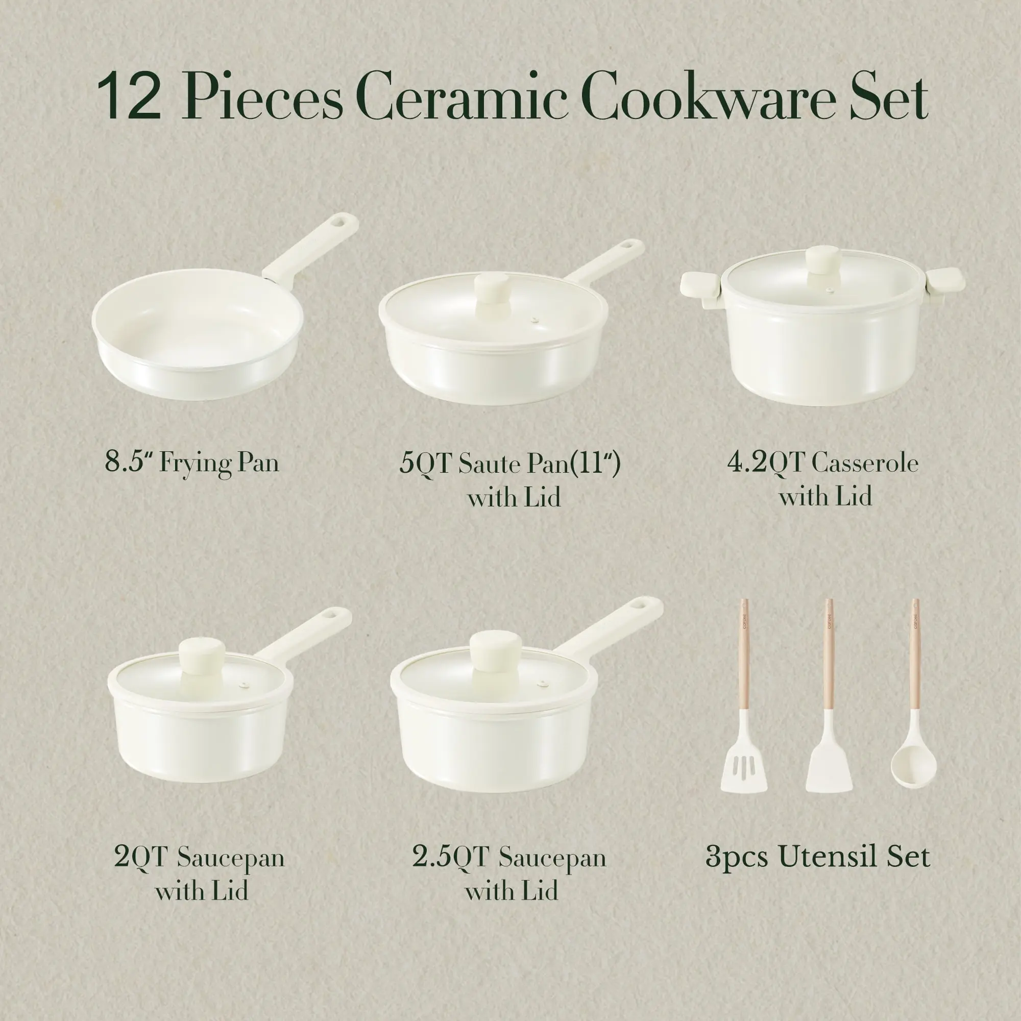 Carote Ceramic Cookware Sets, 12 Pcs Pots and Pans Set, Non Toxic Induction Cookware, Cream White image 3