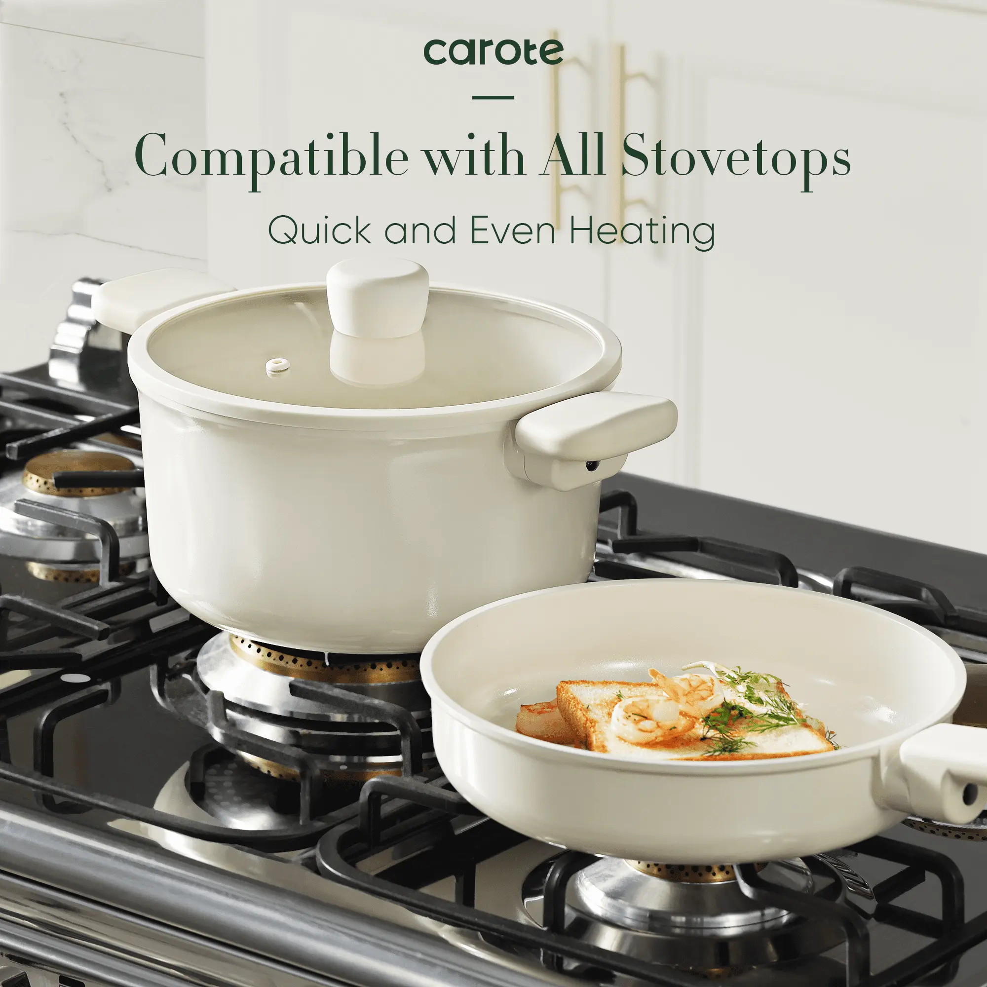 Carote Ceramic Cookware Sets, 12 Pcs Pots and Pans Set, Non Toxic Induction Cookware, Cream White image 6