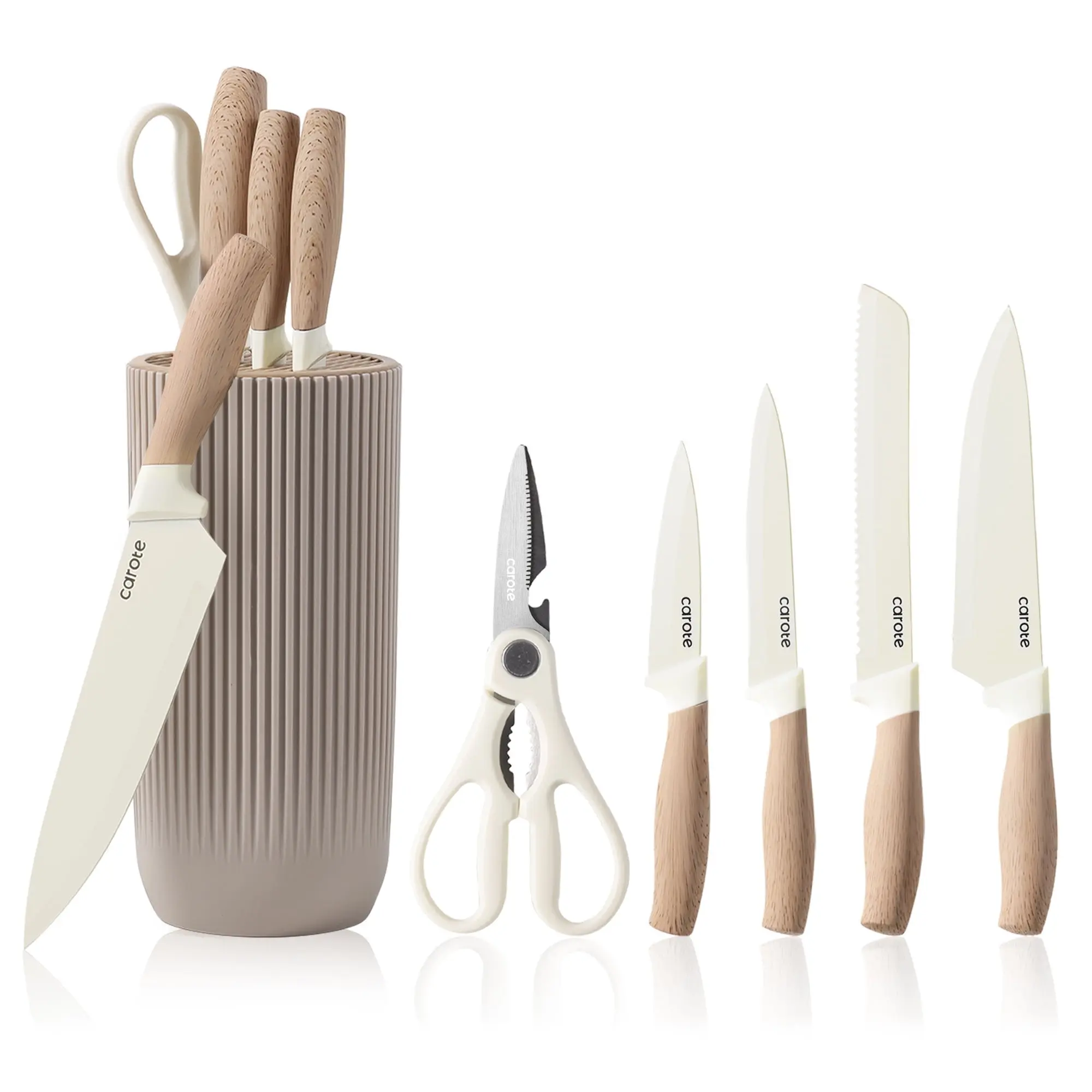 Carote 6Pcs Knife Set with Universal Block, Ceramic Coating, Stainless Steel Blade, Khaki image 1