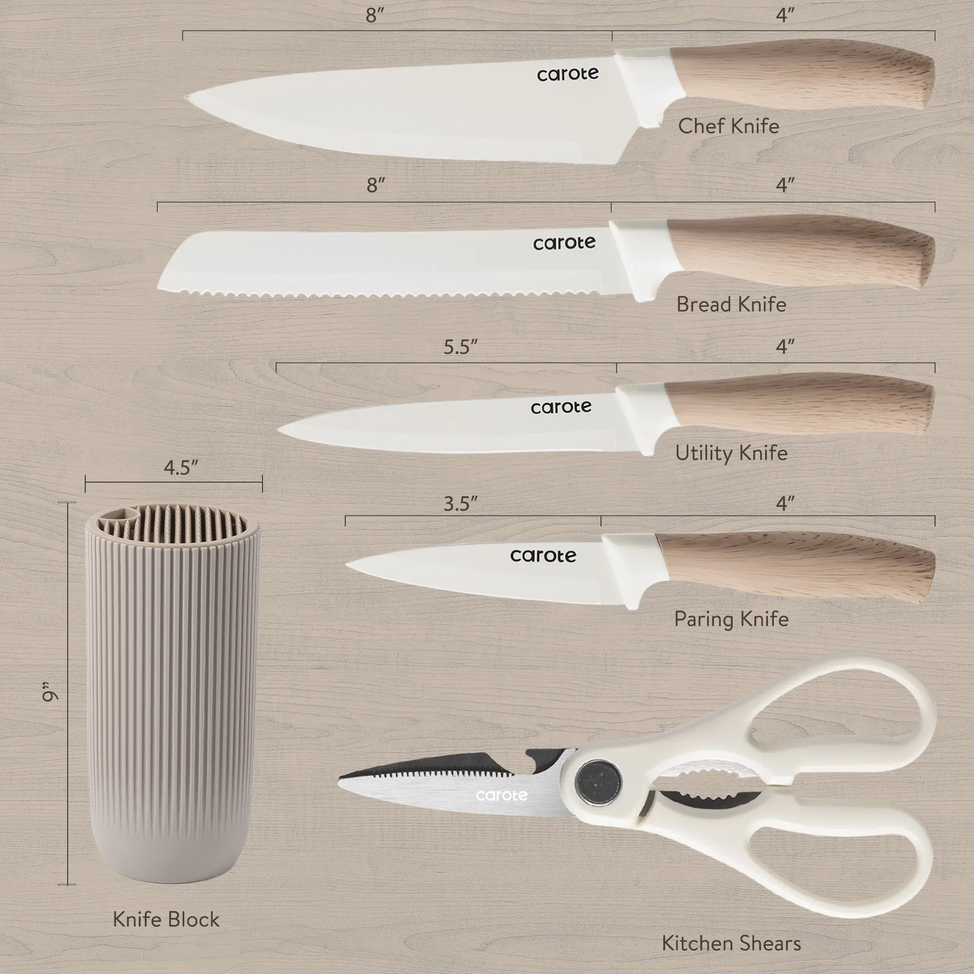 Carote 6Pcs Knife Set with Universal Block, Ceramic Coating, Stainless Steel Blade, Khaki image 2