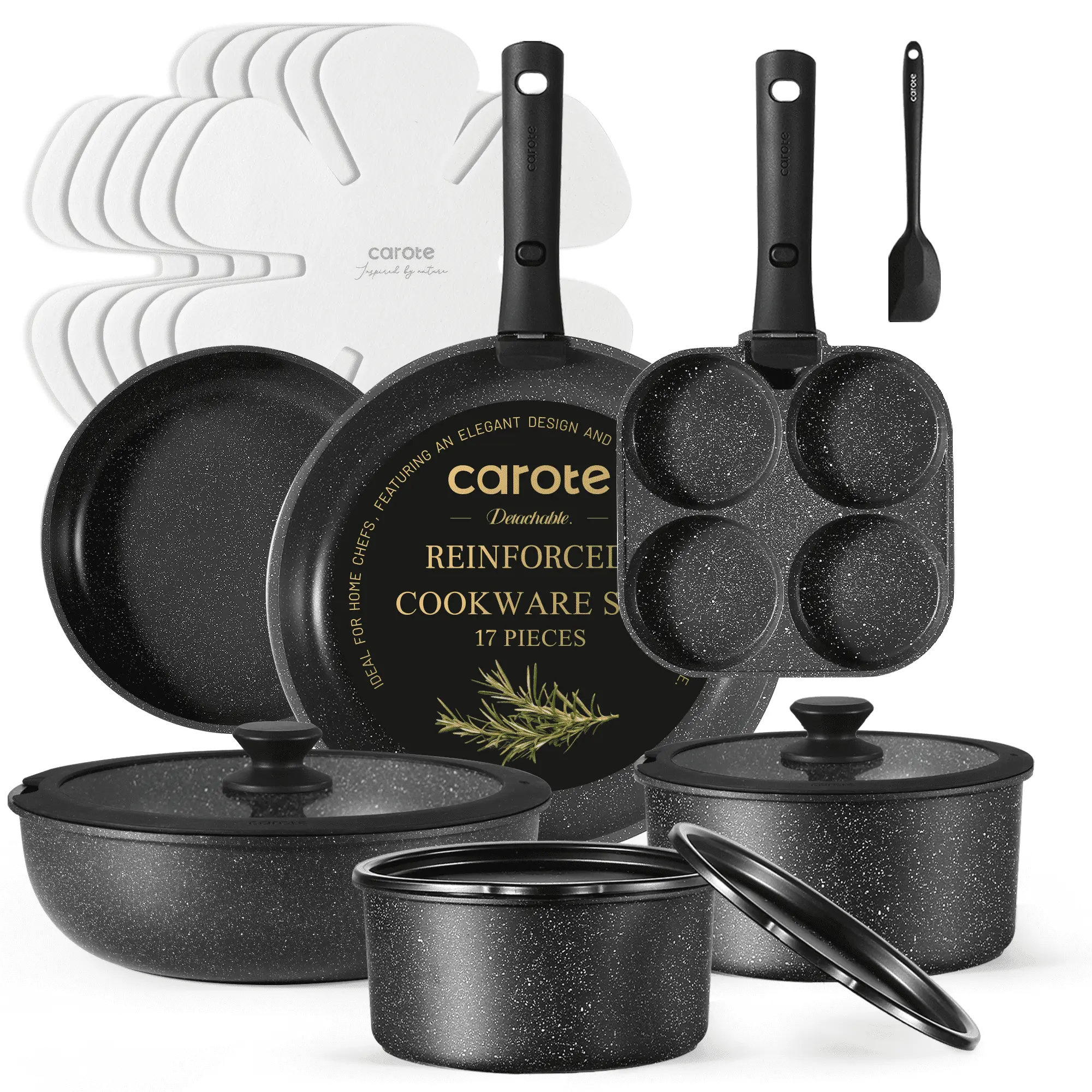 Carote 17pcs Nonstick Cookware Set, Granite Reinforced Non Stick Pots and Pans Set Removable Handle image 1