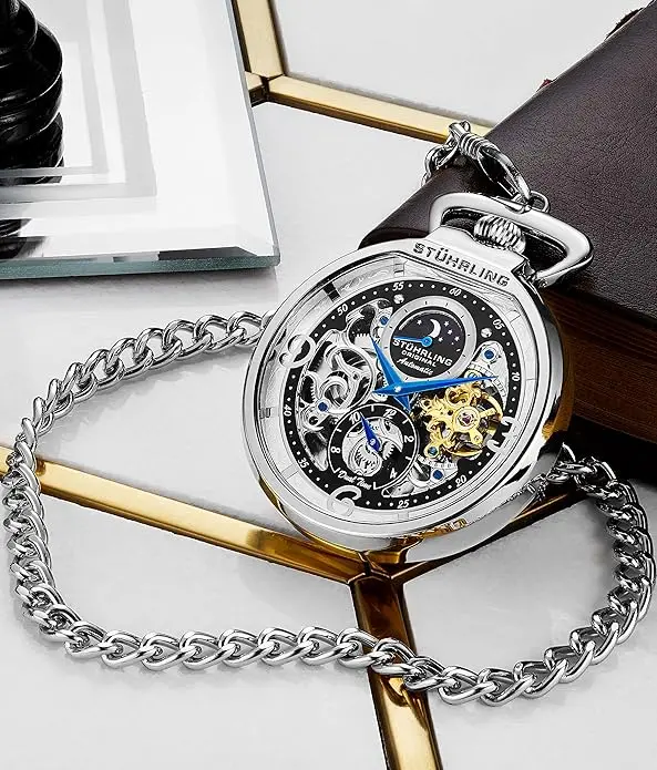 Stuhrling Orignal Mens Automatic Pocket Watch Skeleton Dial Mechanical Movement with and Stainless Steel Chain -Dual Time AM/PM Sun Moon Subdial image 2