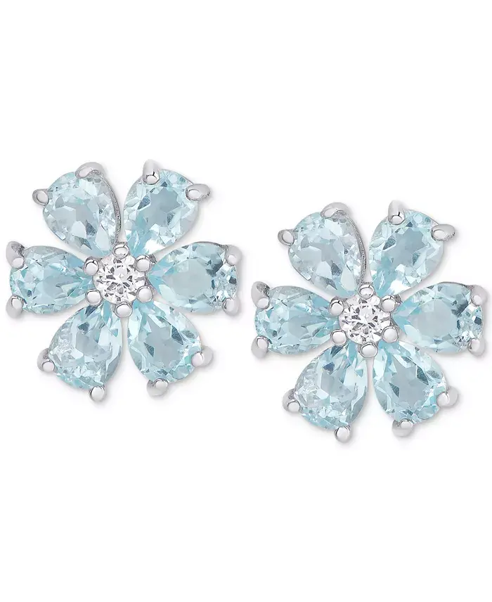 Blue Topaz (2-3/8 ct. t.w.) & White Topaz Accent Flower Stud Earrings in Sterling Silver image 1