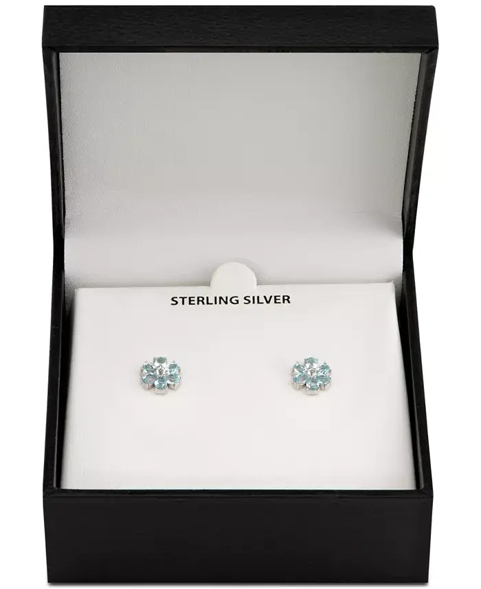 Blue Topaz (2-3/8 ct. t.w.) & White Topaz Accent Flower Stud Earrings in Sterling Silver image 2