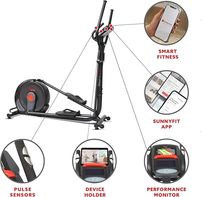 Sunny Health & Fitness Smart 17" Stride Elliptical Machine Trainer w/Built-In Pulse Sensor & 16-Level Tension for Home Exercises, Free SunnyFit App Bluetooth Link, Optional Electro-Magnetic Resistance image 4