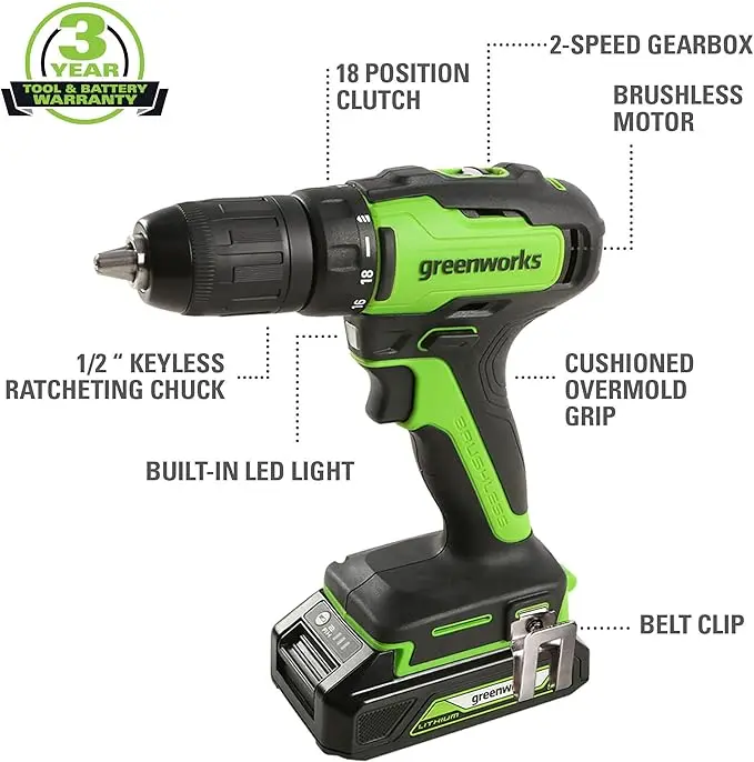 Greenworks 24V Brushless Drill / Driver, 2Ah USB Battery and Charger Included image 2