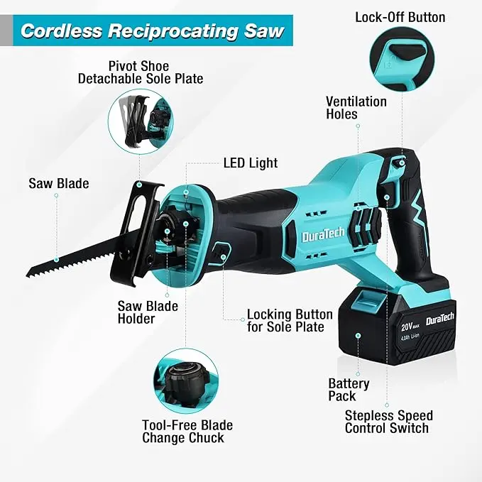 DURATECH Cordless Reciprocating Saw with 20V 4.0Ah Li-Ion Battery, 3000SPM, 7/8" Stroke Length, Variable Speed, Tool-Free Blade Change, 4 Saw Blades for Wood & Metal Cutting image 2
